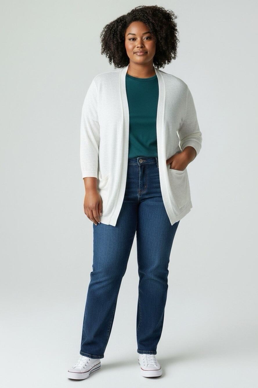 Eileen Fisher Women's White Open Front Linen/cotton Pocket Knit Cardigan L